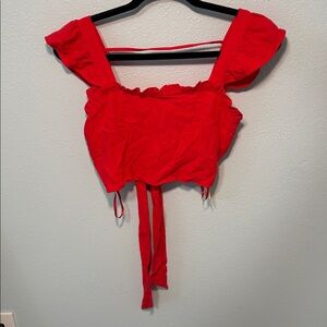 MONTEAU red flutter sleeve  crop top with tie back
